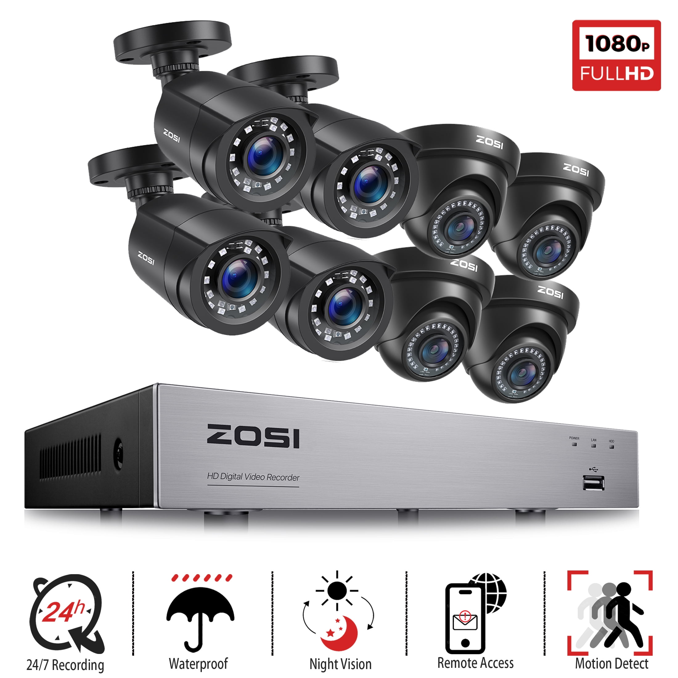 ZOSI H.265+ 1080p Home Security Camera System Indoor Outdoor, 5MP Lite CCTV DVR 8 Channel and 8 x 1080p Weatherproof Surveillance Bullet Dome Camera,NO HDD