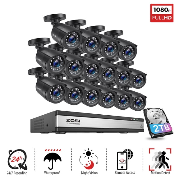 ZOSI H.265+ 16 Channel Security Camera System 1080p, HD DVR Recorder with 2TB Hard Drive, 16 x 2MP CCTV Bullet Wired Surveillance Camera Outdoor Indoor with 80ft Night Vision