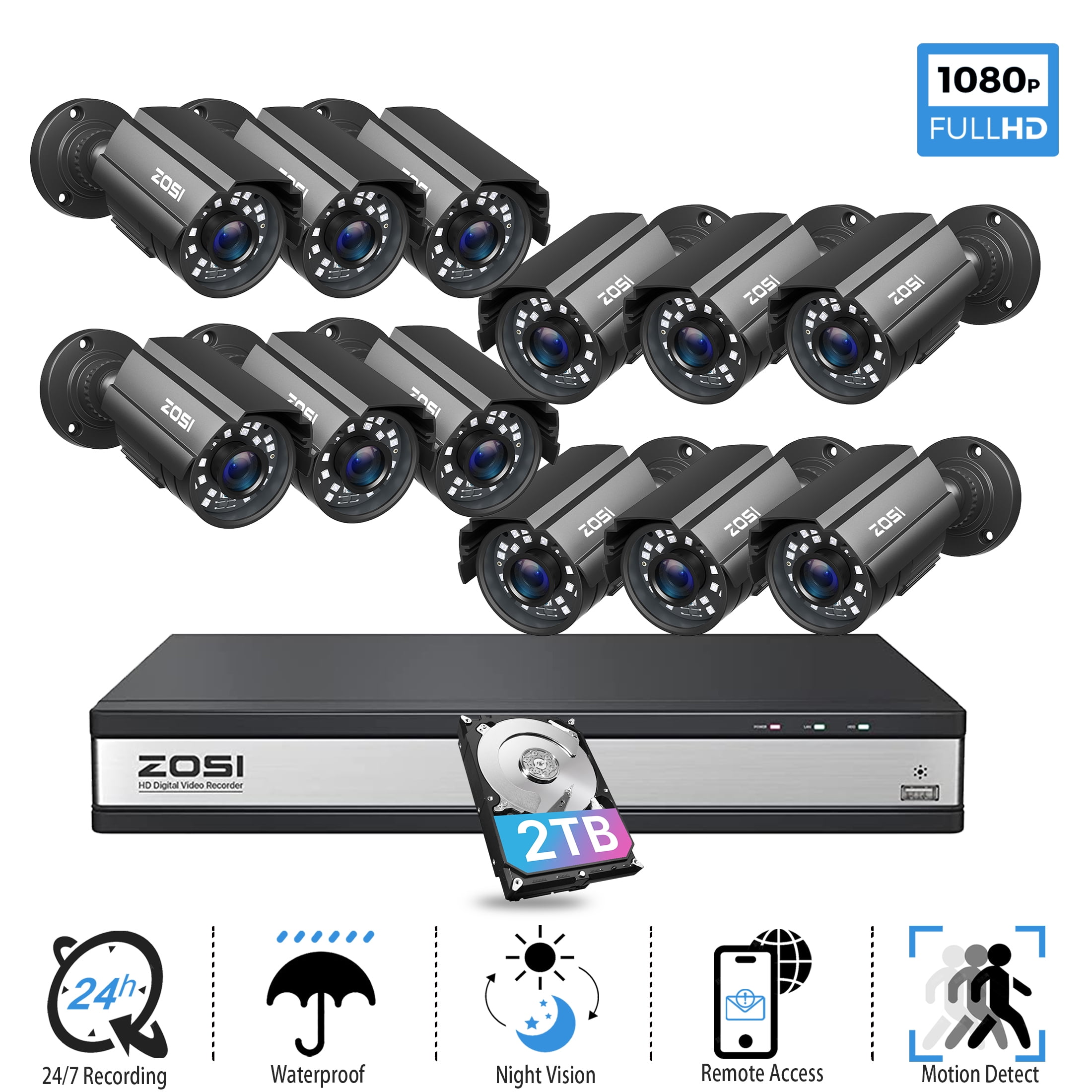 ZOSI 16 Channel Security Camera System With 12 Cameras & 2TB Hard Drive - 1080P Outdoor Indoor Surveillance