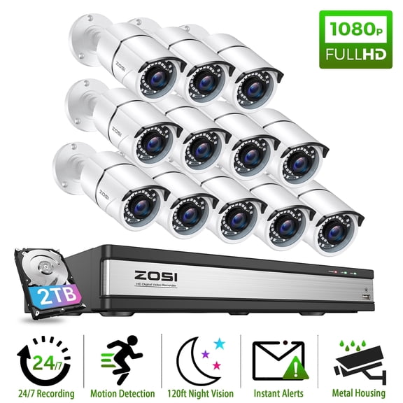 ZOSI H.265+ 16CH CCTV Security Camera System Home Outdoor 2TB HDD,2MP 3000TVL Surveillance Camera Waterproof with 120ft Night Vision,Remote Access,24/7 Record