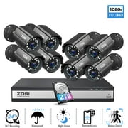 ZOSI H.265+ 16CH Home Security Camera System 1080P CCTV DVR with 2TB HDD,8pcs 2.0MP Outdoor Indoor IP66 Waterproof Cameras