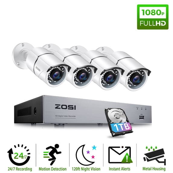 ZOSI H.265+ 5MP Lite Home Security Camera System with 1TB Hard drive, 8CH 1080P DVR with 4pcs Weatherproof CCTV Cameras,120ft Night Vision,Motion Alert,Remote Access