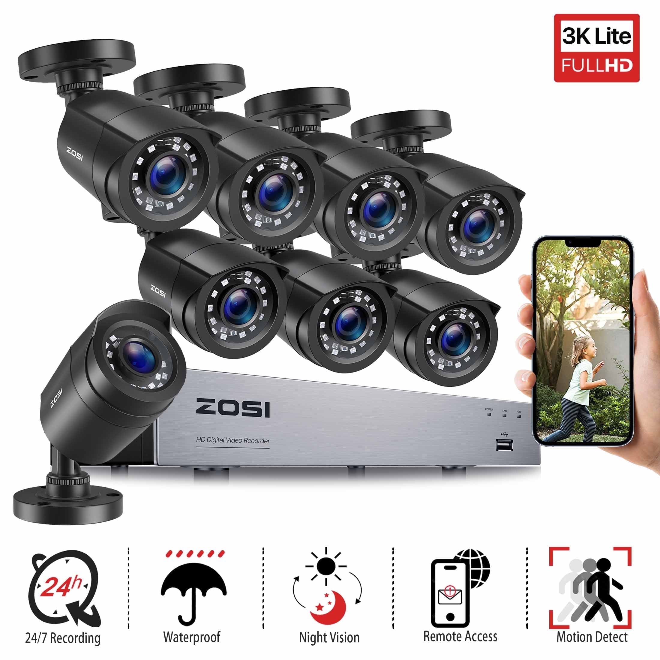 ZOSI H.265+ 8CH 5MP Lite DVR 1080P Home Security Camera System Outdoor, 8pcs 1080P 1920TVL Surveillance Weatherproof Bullet Cameras,80ft IR Night Vision,Motion Alert,Remote Access(No HDD , Wired)