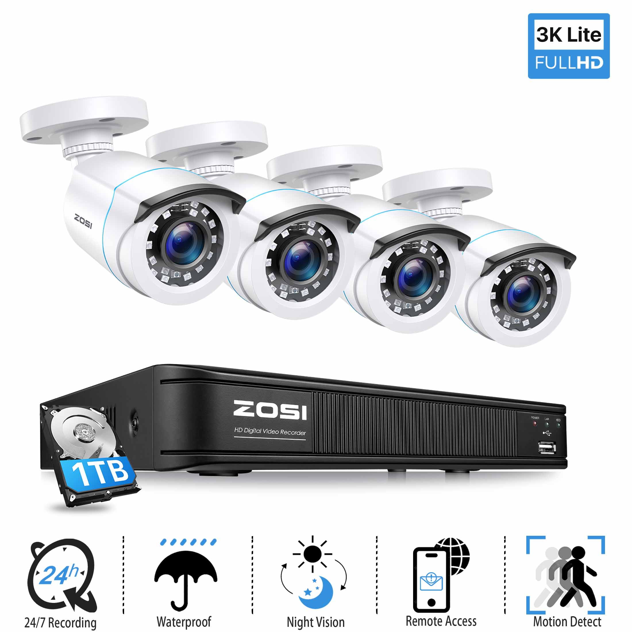 ZOSI H.265+ 8CH CCTV Security System 1080P Wired Surveillance Camera 5MP Lite DVR Home Outdoor 1TB HDD, 80ft Night Vision,Remote Access