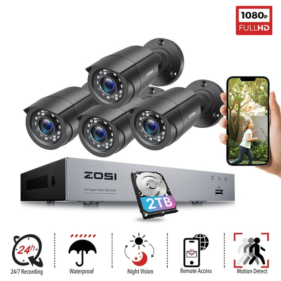 ZOSI HD 1080p 8-Channel H.265+ 5MP Lite CCTV Security Camera System with 2TB Hard Drive, Home Outdoor Wired Surveillance Camera, Remote Access, 24/7 Record