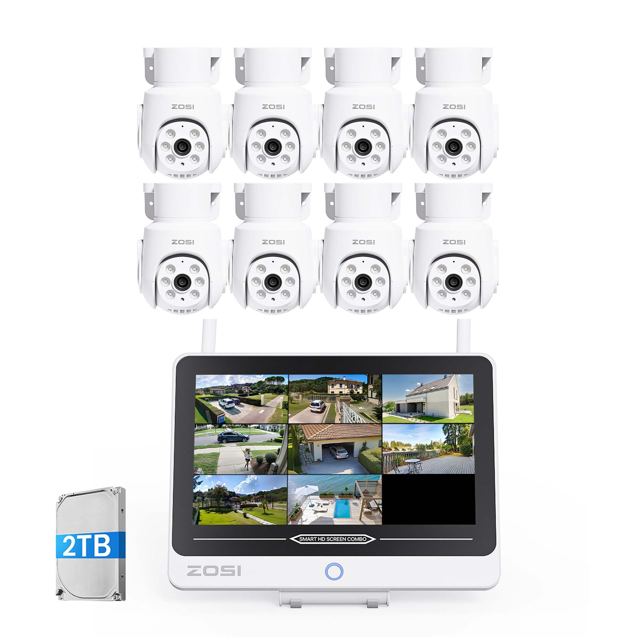 ZOSI WiFi-6 5MP Security Camera System with 12.5" LCD Monitor, Outdoor Pan Till Security Camera with AI Detection, Color Night Vision, 2 Way Audio, 8CH NVR with 2TB HDD for 24/7 Recording