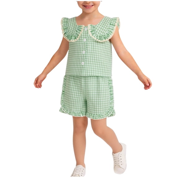 ZOSOED 2 Piece Outfit for Girls Cotton Gingham Ruffle Collar Top & Shorts Set Green 12-18 Months