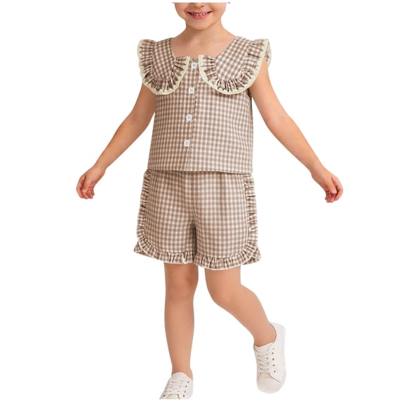 ZOSOED 2 Piece Outfit for Girls Cotton Gingham Ruffle Collar Top & Shorts Set Khaki 12-18 Months