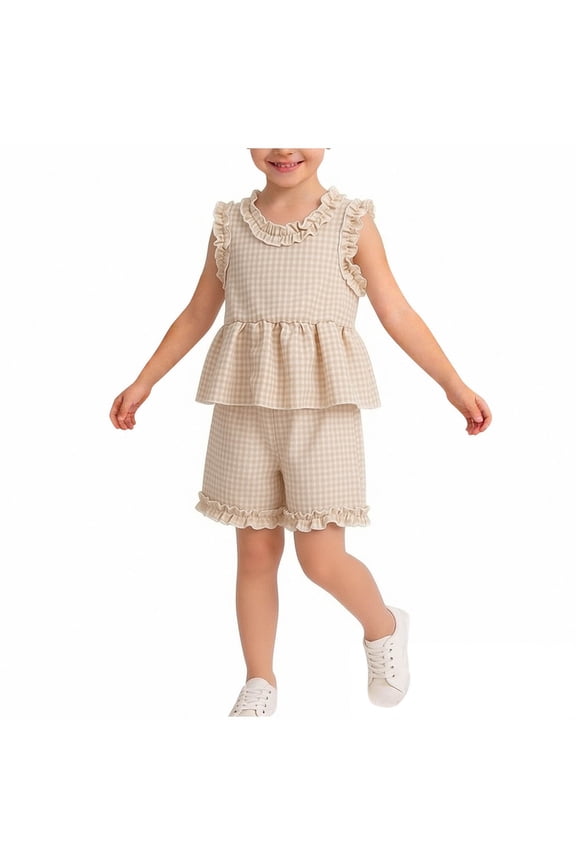 2 Piece Outfit for Girls Cotton Gingham Ruffle Trim Top & Shorts Set Beige 18-24 Months