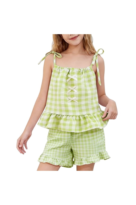 2 Piece Set Girls Checkered Halter-Neck Bow Two-Piece Set with Ruffles Green 9-10years