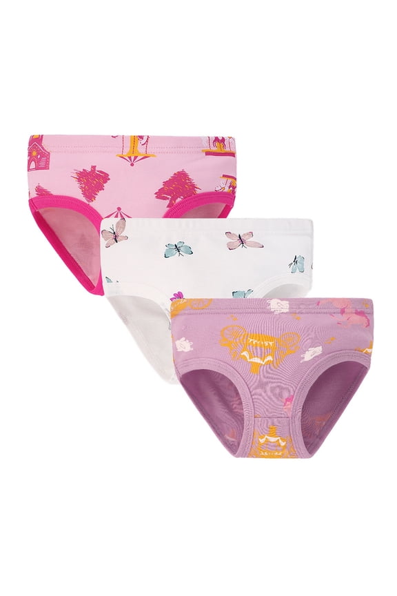 3 Pack Girls Underwear Cotton Soft Breathable Kids Panties with Carousel/Butterfly Print Pink 7 Years