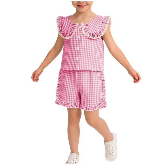 ZOSOED Girls 2 Piece Set Cotton Gingham Ruffle Collar Top & Shorts Set Pink 6-12 Months