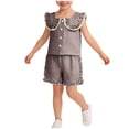 thumbnail image 1 of ZOSOED Girls Matching Sets Cotton Gingham Ruffle Collar Top & Shorts Set Coffee 18-24 Months, 1 of 4