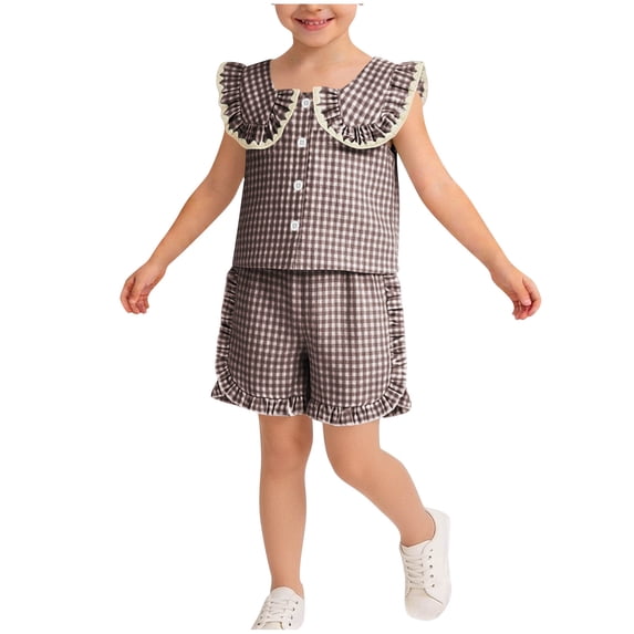 ZOSOED Girls Matching Sets Cotton Gingham Ruffle Collar Top & Shorts Set Coffee 18-24 Months