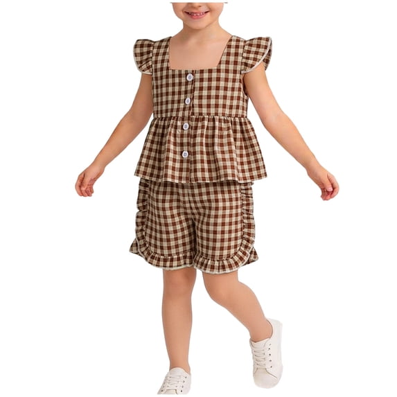 ZOSOED Girls Matching Sets Cotton Gingham Ruffle Sleeve Top & Shorts Set Coffee 18-24 Months