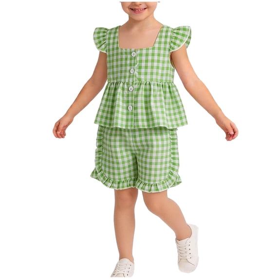 ZOSOED Kids Matching Outfits Cotton Gingham Ruffle Sleeve Top & Shorts Set Green 2-3 Years