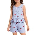 thumbnail image 1 of ZOSOED Kids Matching Outfits Cotton Strawberry Print Striped Peplum Top & Shorts Set Blue 2-3years, 1 of 9