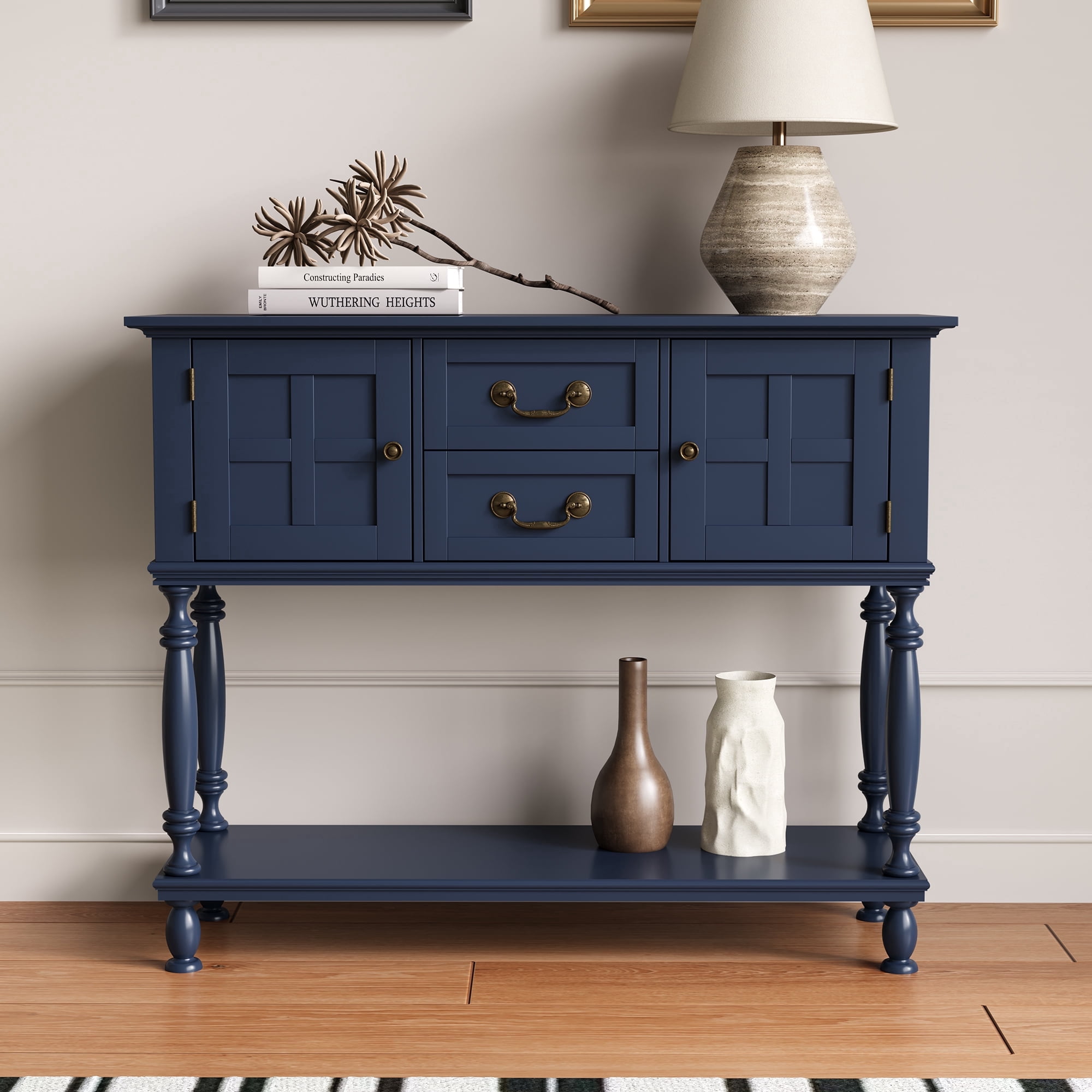 ZOSQUARE 42" Blue Console Table with Storage Cabinet, Entryway Table with Turned Legs and Bottom Shelf, Vintage Sofa Table Behind Couch for Living Room