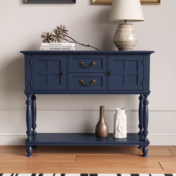 ZOSQUARE 42" Blue Console Table with Storage Cabinet, Entryway Table with Turned Legs and Bottom Shelf, Vintage Sofa Table Behind Couch for Living Room