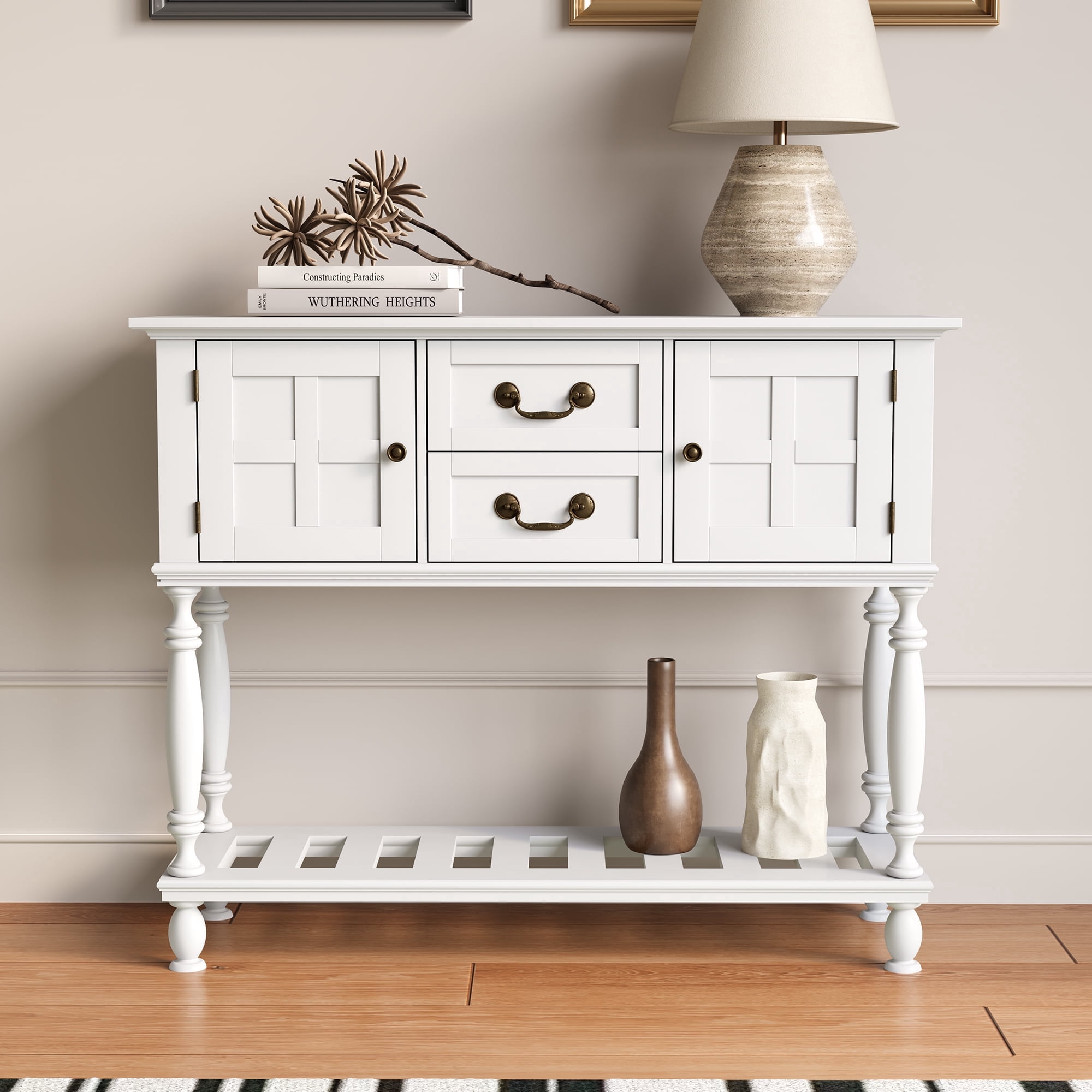 ZOSQUARE 42" White Console Table with Storage Cabinet, Entryway Table with Turned Legs and Bottom Shelf, Vintage Sofa Table Behind Couch for Living Room
