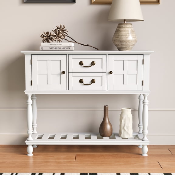 ZOSQUARE 42" White Console Table with 2 Drawers and Cabinets, Farmhouse Entryway Table with Turned Legs and Bottom Shelf, Vintage Sofa Table for Living Room