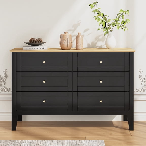 ZOSQUARE 6 Drawer Dresser for Bedroom, Modern Black Dresser with Wood Top and Gold Knobs, Chest of drawers for Bedroom, Living Room, Hallway