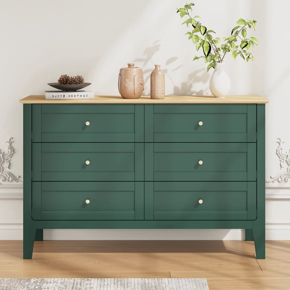 ZOSQUARE 6 Drawer Dresser for Bedroom, Modern Green Dresser with Wood Top and Gold Knobs, Chest of drawers for Bedroom, Living Room, Hallway