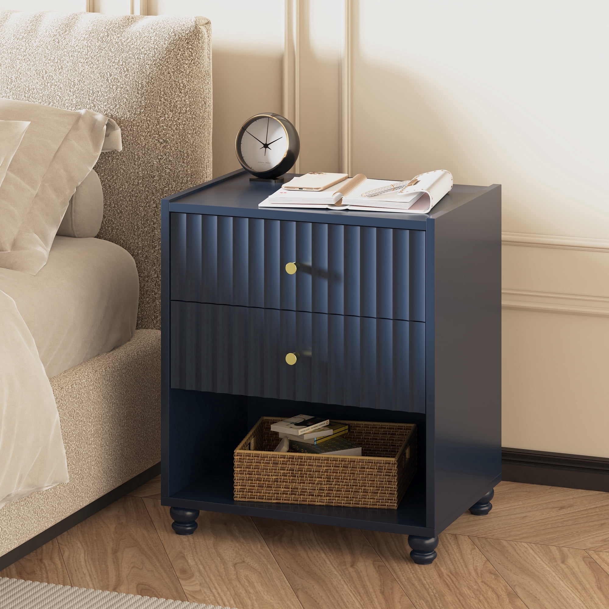 ZOSQUARE Modern Nightstand, Blue Fluted Bedside Table with 2 Drawers and Open Shelf, End Tables with Gold Knobs for Bedroom, Living Room