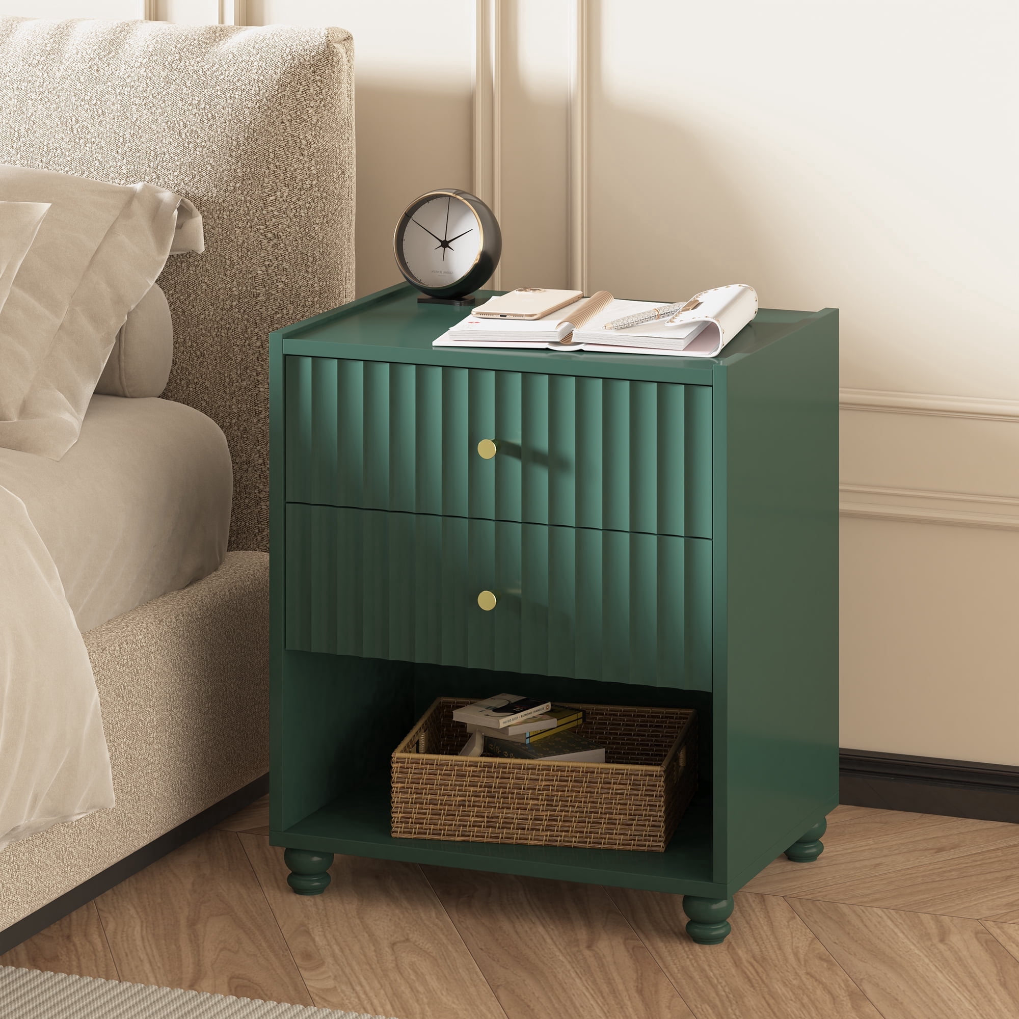 ZOSQUARE Modern Nightstand, Green Fluted Bedside Table with 2 Drawers and Open Shelf, End Tables with Gold Knobs for Bedroom, Living Room