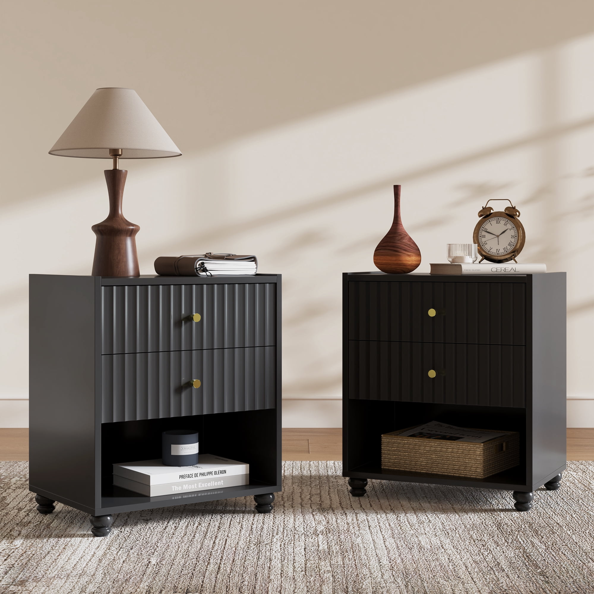ZOSQUARE Modern Nightstand Set of 2, Black Fluted Bedside Table with 2 Drawers and Open Shelf, End Tables with Gold Knobs for Bedroom, Living Room