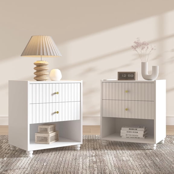 ZOSQUARE Modern Nightstand Set of 2, White Fluted Bedside Table with 2 Drawers and Open Shelf, End Tables with Gold Knobs for Bedroom, Living Room