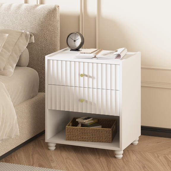 ZOSQUARE Modern Nightstand, White Fluted Bedside Table with 2 Drawers and Open Shelf, End Tables with Gold Knobs for Bedroom, Living Room