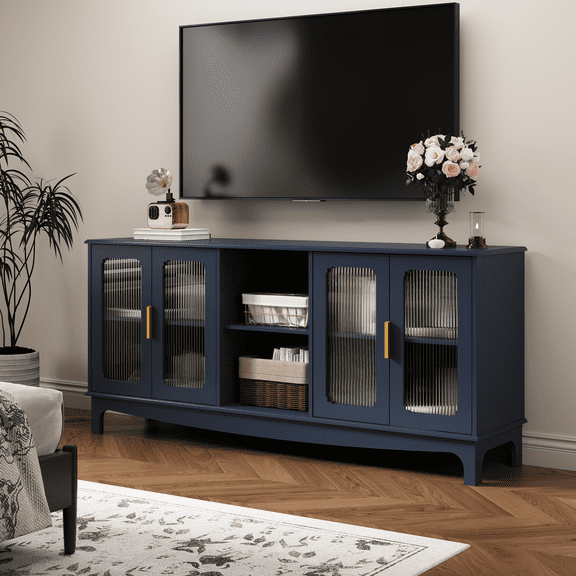 ZOSQUARE Modern TV Stand for TVs up to 75", 65" Entertainment Center with 4 Fluted Glass Doors and Open Shelves, Mid-Century Media Console, Blue TV Table for Living Room, Bedroom