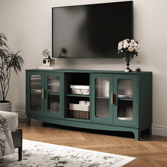 ZOSQUARE Modern TV Stand for TVs up to 75", 65" Entertainment Center with 4 Fluted Glass Doors and Open Shelves, Mid-Century Media Console, Green TV Table for Living Room, Bedroom
