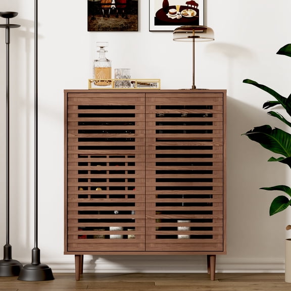 ZOSQUARE Modern Wine Bar Cabinet with Slatted Doors, Mid-Century Liquor Cabinet with Wine Rack and Glass Holder, Walnut Coffee Bar Station for Living Room, Dining Room