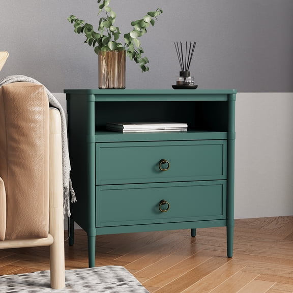 ZOSQUARE Nightstand, Mid Century Modern Night Stand with 2 Drawers and Open Shelf, Green Bedside End Table for Bedroom