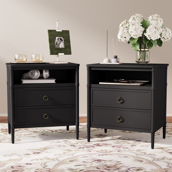ZOSQUARE Nightstand Set of 2, Mid Century Modern Night Stand with 2 Drawers and Open Shelf, Black Bedside End Table for Bedroom