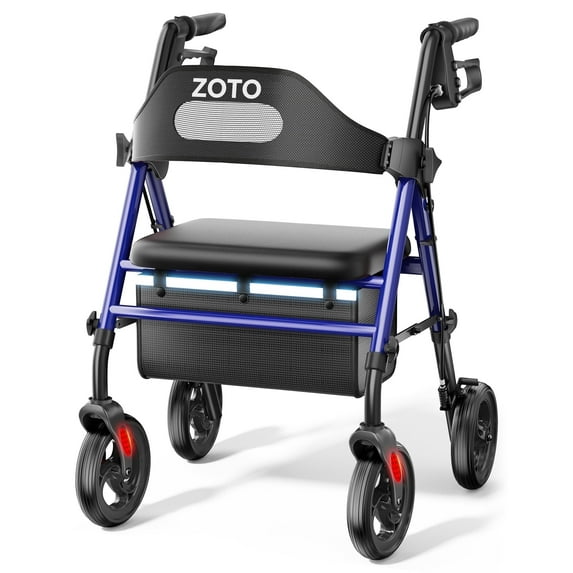 ZOTO Foldable Rollator Walker with Seat for Seniors, Height Adjustable Lightweight Rolling Walker with Sturdy Reinforced Carbon Steel Frame, Blue (VR2-BL)