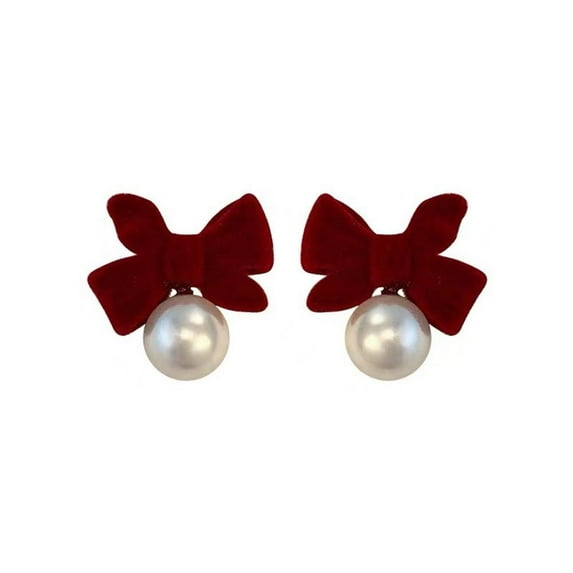 ZOUBAOQ Fashion Flocking Bowtie Pearl Pendant Earrings French Black Red Retro Bowknot Velvet Ear Bow Stud Earring Year New Jewelry