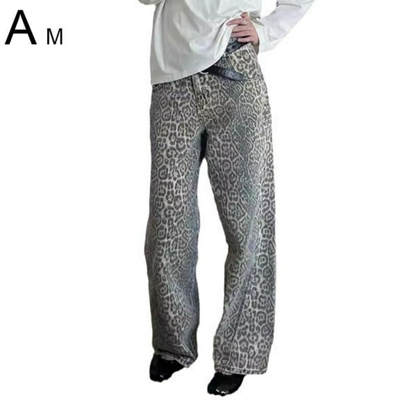 ZOUBAOQ Leopard Print Jeans for Women,Baggy Wide Leg Vintage Casual Jeans,S-3XL Leopard Print Baggy Jeans,Y2K Light Cheetah Print Pants,Oversized Pants Leopard Print Straight Leg Jeans