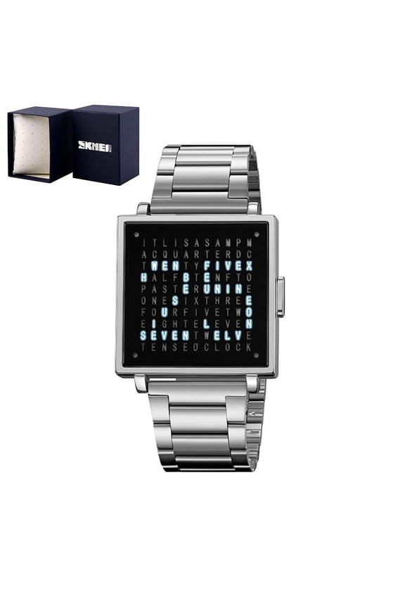 Unique Letters Watch, LED Letters Watch, Stainless Steel Unisex Watch with Led Display, A Watch That Tells Time With Letters, Multifunction Sports Watch Square Watch Gift for Men Women