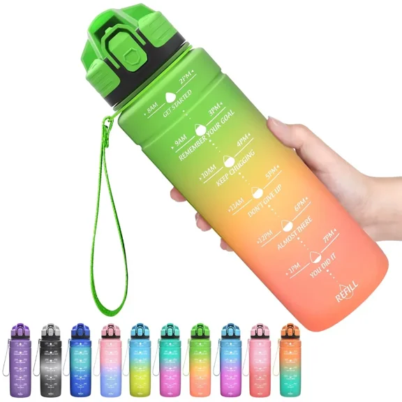 ZOUNICH BPA Free Water Bottle with Time Marker Leakproof Water Bottles for Kids 17oz, Green Orange Pink