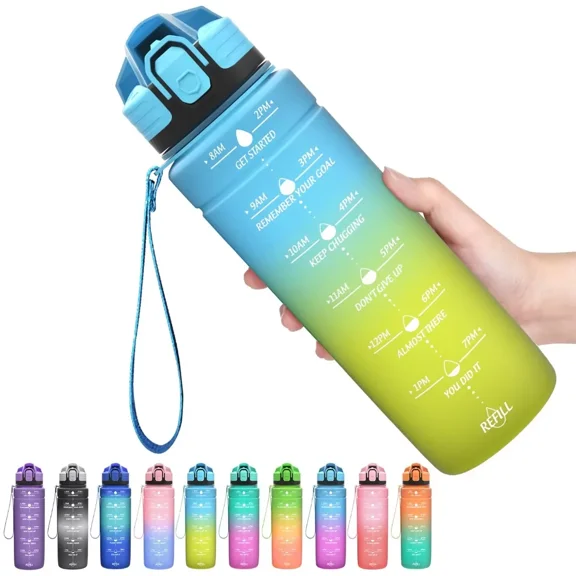 ZOUNICH Motivational Water Bottle with Time Marker Leakproof Water Bottles for Kids 17oz, Blue Yellow