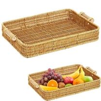 ZOURIH 1 PCS Rectangular Rattan Serving Trays with Handles, Small Decorative Woven Poly Wicker Baskets Serving Trays for Coffee Table Decor, Bread, Fruit, Snacks
