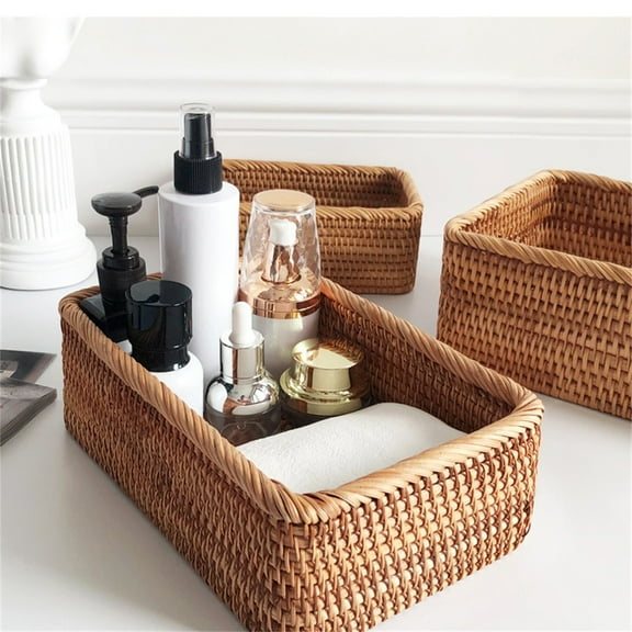 ZOURIH 1 Pack Handmade Rectangle Wicker Fruit Box Rattan Tray Magazine Organizer and Small Objects Container Serving Basket