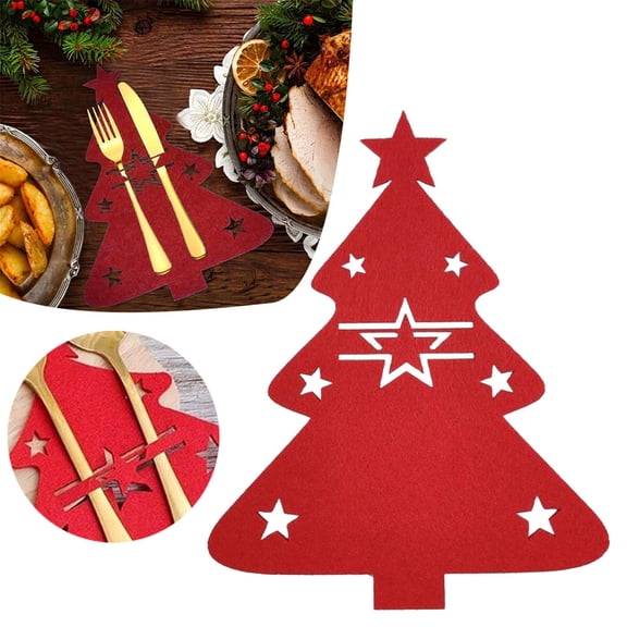 ZOURIH 1 Pcs Christmas Tree Cutlery Bags Flatware Holder Silverware Holders Cutlery Pockets Xmas Tree Felt Tableware Knife fork Covers for Christmas Holiday Party Dinner Table Decor,Red
