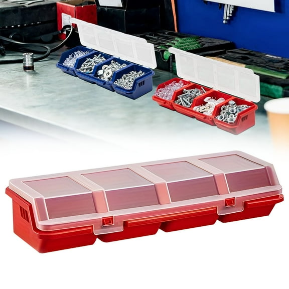 ZOURIH 1 Pcs Screw organizer Box with Lids,Small Parts Storage Bins with Locks 4 Divider Compartment Sorting Toolbox Case for Garage Tools Nails bolt Plastic Hardware Containers,Red