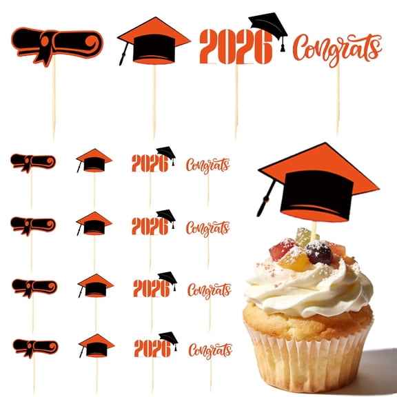ZOURIH 16 Pack 2026 Graduation Cupcake toppers Grad Cap Food Appetizer Picks Cake Caps Party Decorations Diploma Cupcake Picks for Cake Class of 2026 Graduation Party,Orange