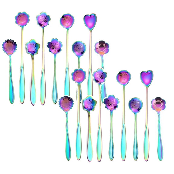 ZOURIH 16 Pieces Flower Coffee Tea Spoons Stainless Steel Sugar Spoons Tea Party Flower Fancy Tableware Set Stir Bar Creative Stirring Teaspoon, 8 Different Patterns,