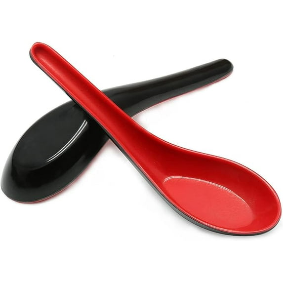 ZOURIH 2 PCS Asian Soup Spoons, Chinese Japanese Miso Ramen Wonton Dumpling Pho Rice Noodle Soba Soup Spoons, Red and Black Melamine Spoons,Red